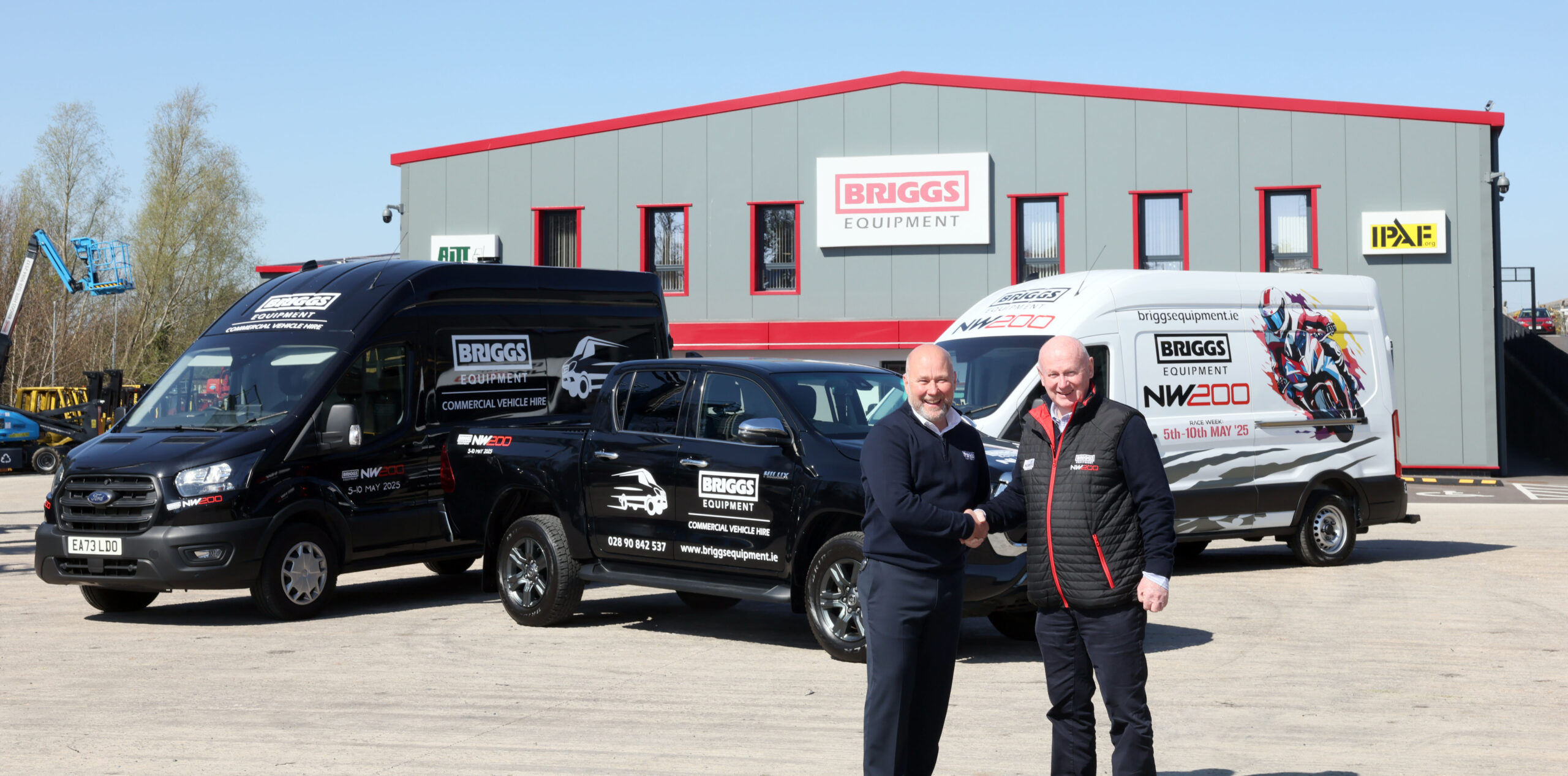 Colin McNeely and Mervyn Whyte announce Briggs Equipment Ireland as the NW200 commercial vehicle partner for the May 2025 event.