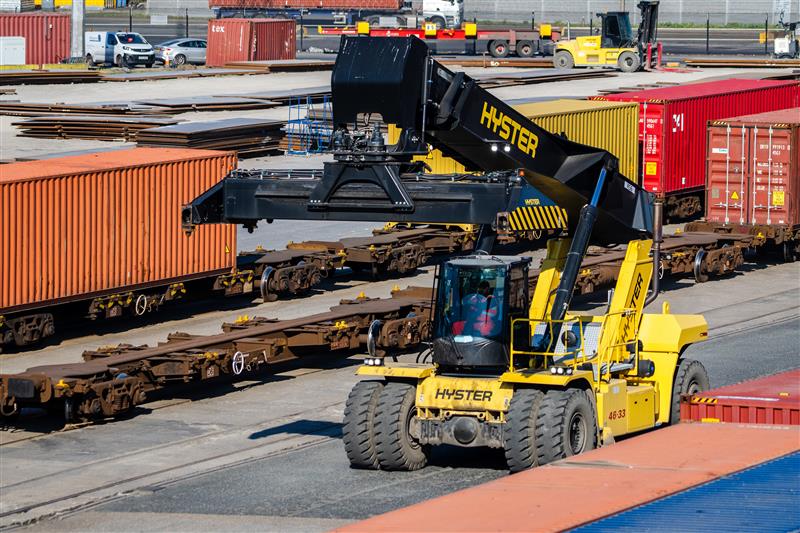 Hyster container handlers in use at a port